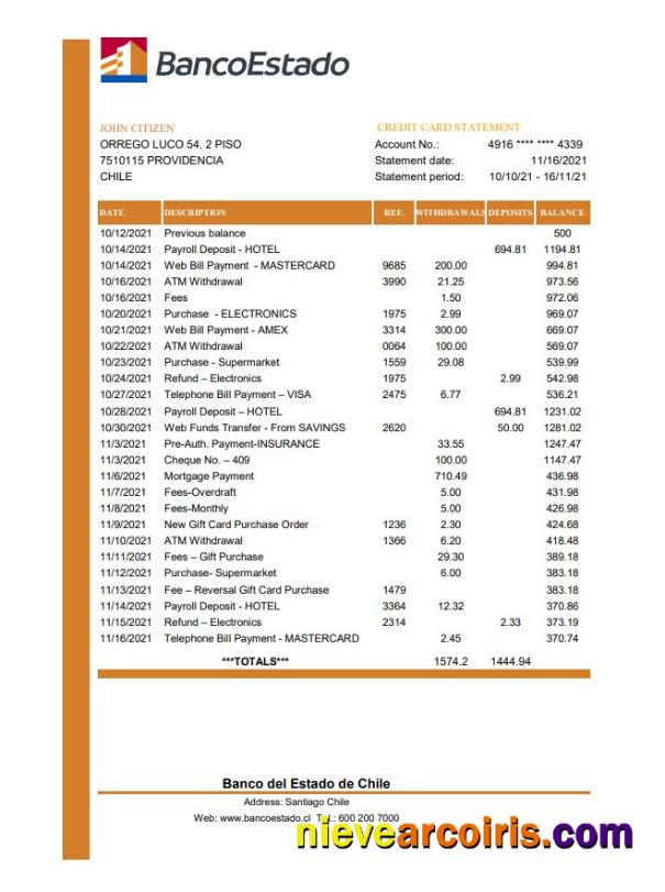 Chile Banco del Estado de Chile bank statement easy to fill in .xls and .pdf file format